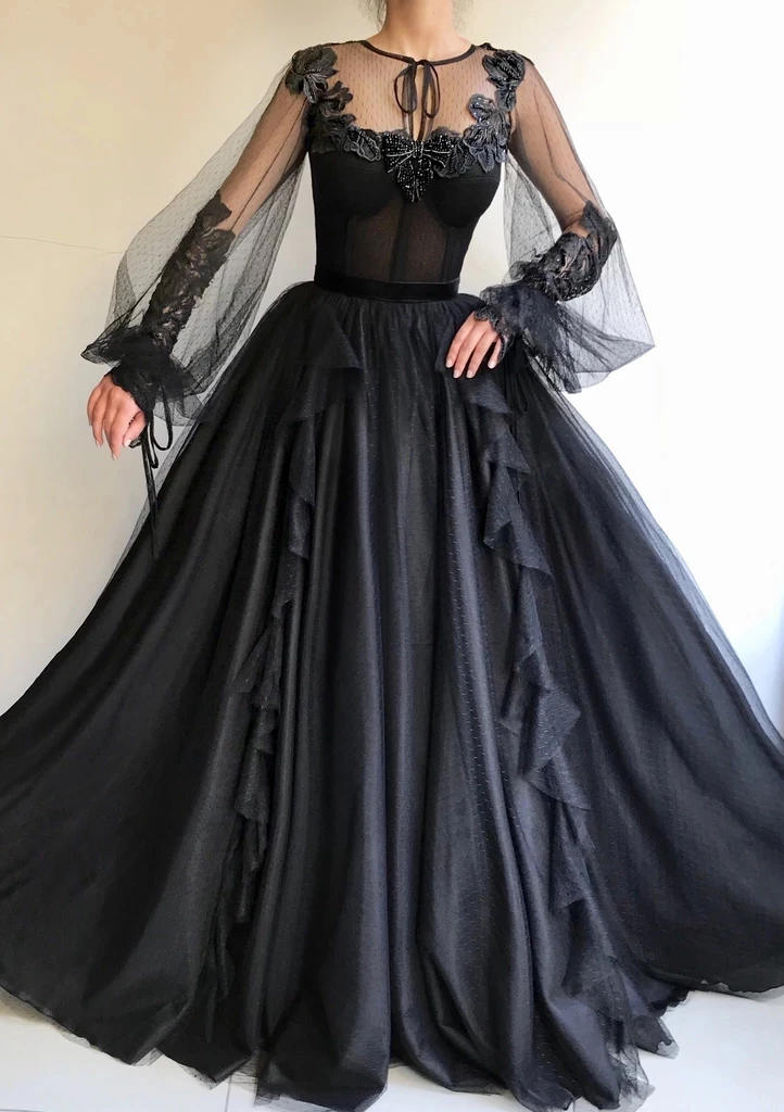 

Black Moroccan Evening Dresses A-line Long Sleeves Appliques Beaded Long Luxury Turkey Dubai Saudi Arabia Prom Dress Gown