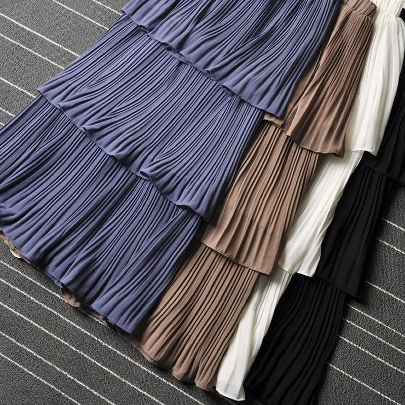 

2020 Women Skirts New Summer Ruffles Tiered Skirts High Waist Solid Sweet Midi Ladies Pleated Skirt faldas mujer