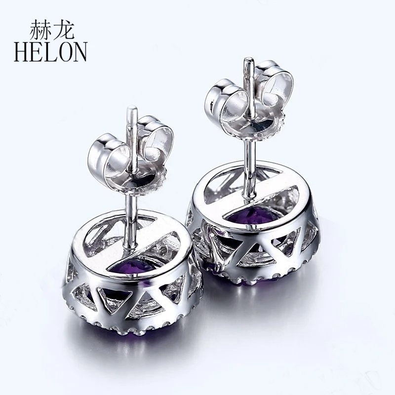 HELON Solid 14K белое золото круглый 1.6ct натуральный аметист Halo Серьги-гвоздики с бриллиантами помолвка Свадебная вечеринка серьги для женщин