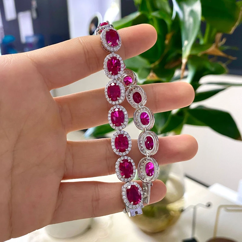 

925 Sterling Silver Luxury Oval Ruby Sparkling High Carbon Diamond Bracelrts For Women Wedding Party Fine Jewelry