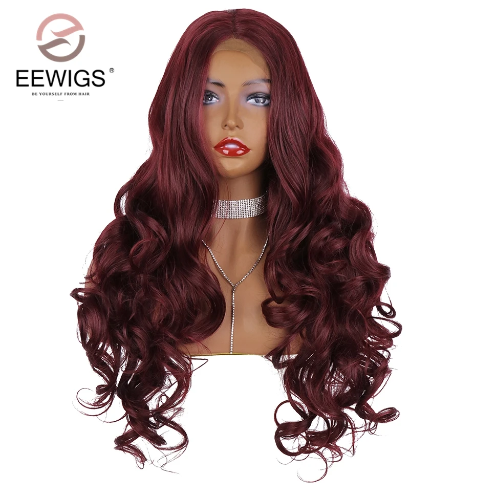 EEWIGS медный красный кружевной парик бесклеевой бордовый жаростойкий парик 180% Плотность мятно-зеленый синтетический парик на кружеве для женщин - Цвет: Красный