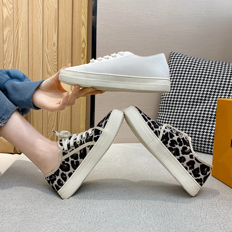 

PAMANNI Ladies Spring Lace-Up Non-slip Canvas Slip- on Board Shoes Leopard Black Leopard Shallow Breathable PU Leather Flats