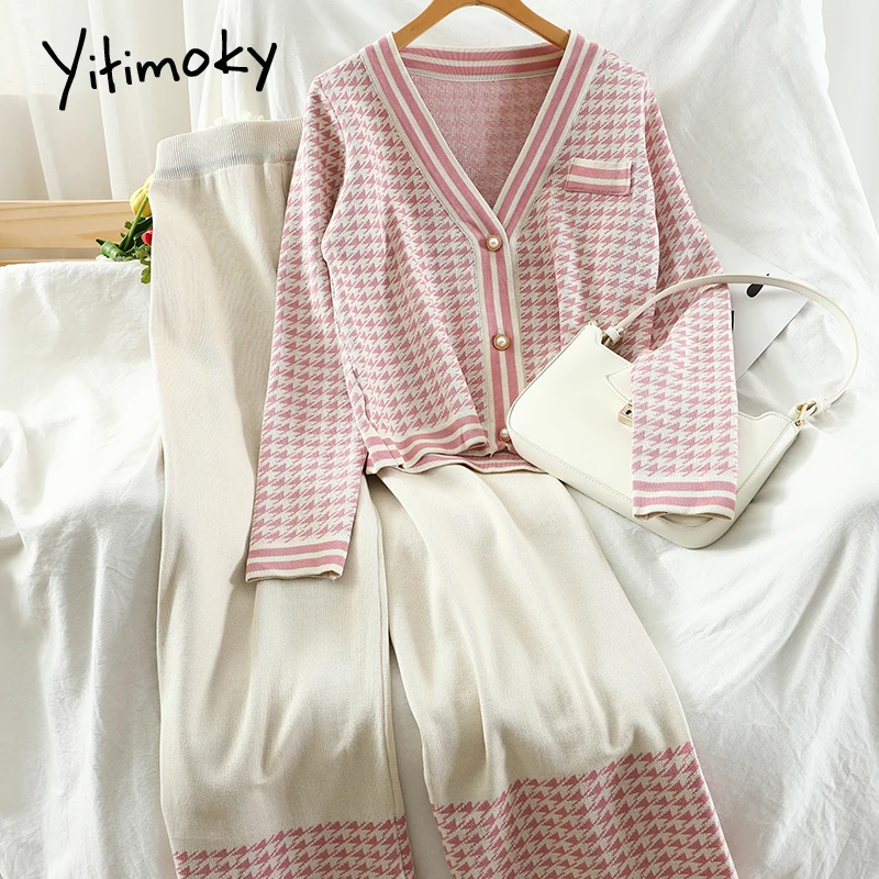 

Женский комплект из двух предметов Yitimoky, вязаный кардиган с рисунком «гусиные лапки» и брюки с широкими штанинами, повседневный розовый, ос...