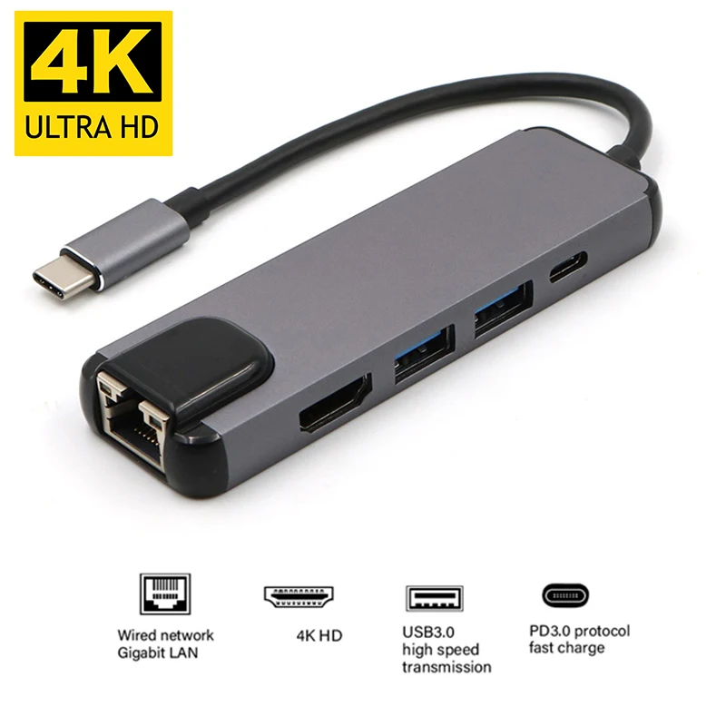 Фото USBC RJ45 совместимому с HDMI USB 3 0 Тип C Порты и разъёмы концентратора Gigabit Ethernet Lan 4K для