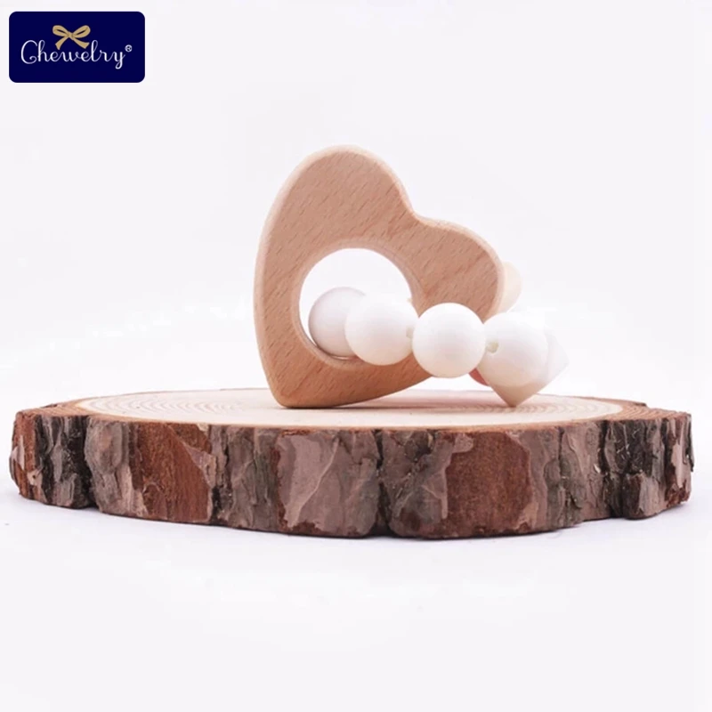 Silicone heart 1 шт., детский браслет Teethe Woden, Ювелирное Украшение из бука, деревянное кольцо, персонализированные детские силиконовые бусины, детская коляска-погремушка, Товары для детей - Цвет: Silicone heart