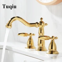 tuqiu basin faucet brass gold widespread bathroom faucet antique sink faucets 3 hole hot and cold water faucet tap pop up