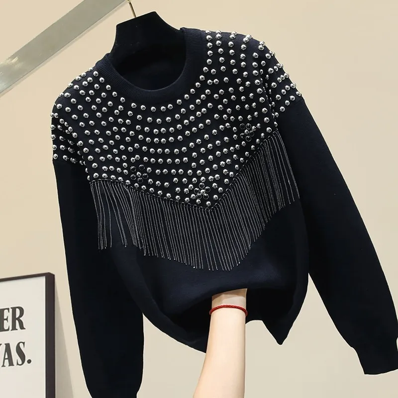 

Fashion Women Knitted Rivets Studded Sweater Long Sleeve Loose Fit Beading Tassels Tops Knitwear Casual Streetwear Pullover Top