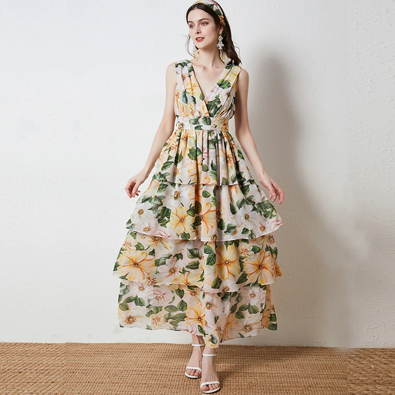 

2021 Bohemian Vacation Long Dress Women's Summer V-Neck Sleeveless Backless Fashion Cascading Ruffle Floral print Maxi Dress
