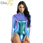 Боди женское блестящее, с длинным рукавом, фестивальный рейв