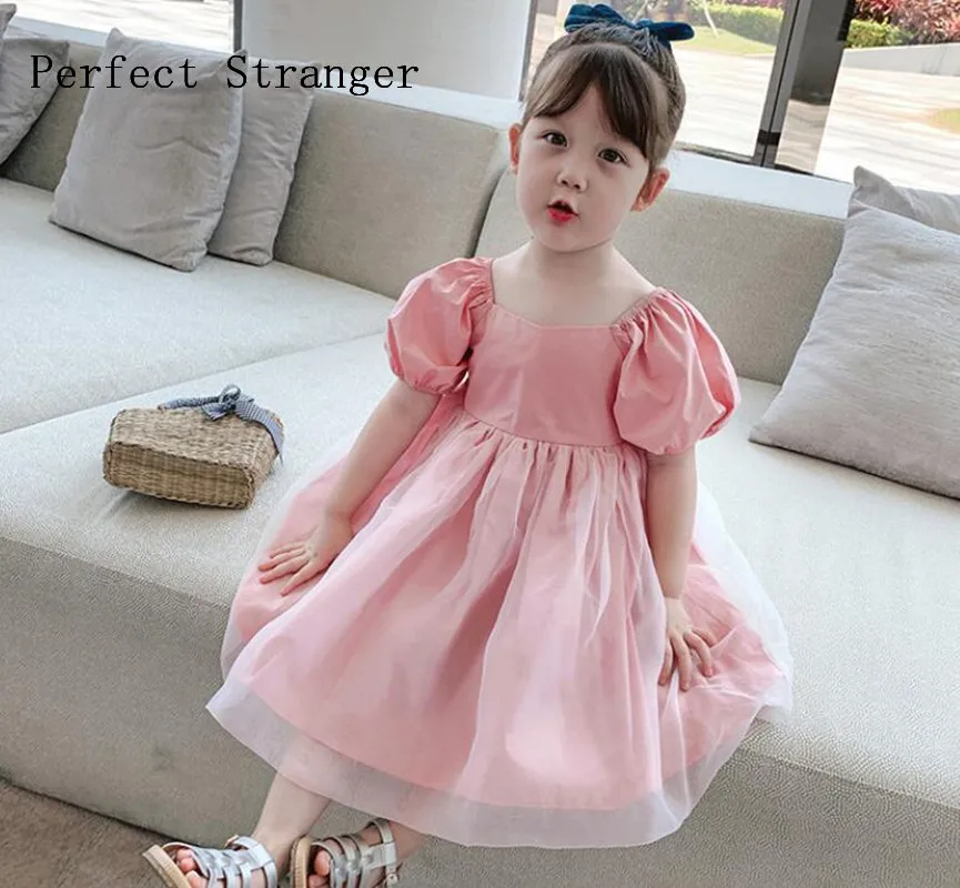 

2021 Summer New Arrival French Style Kids Clothes Princess Puff Sleeve Gauze Baby Girl Dress Pink High Quality Wholesale
