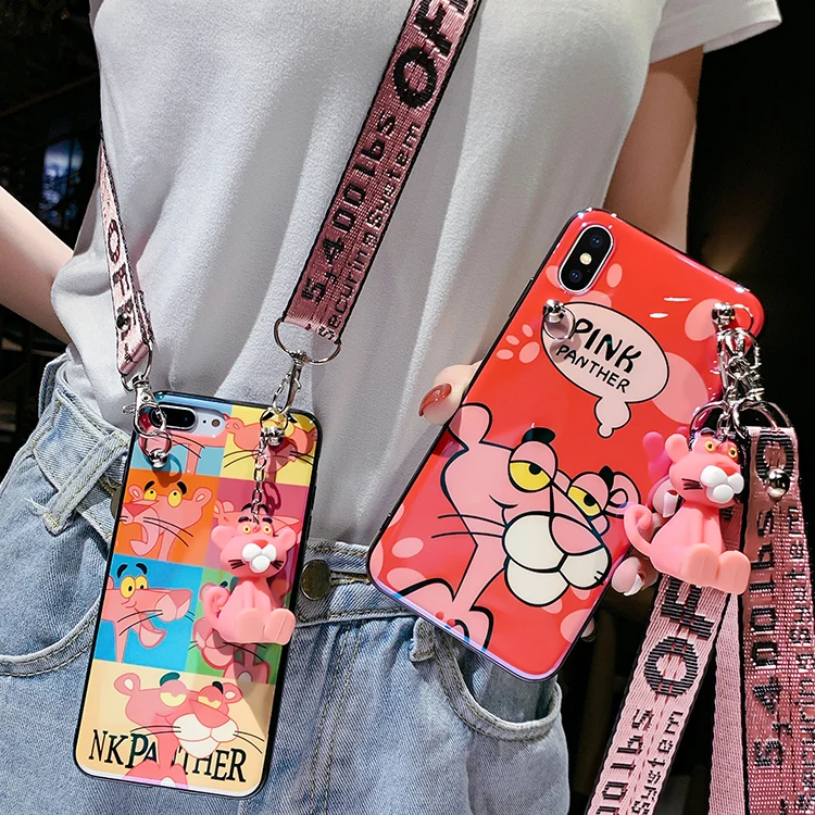 For iPhone XS max XR X Pink panther case Cute blue ray soft 8plus 7 8 7P 6 6S 6P phone cover +toy +strap |