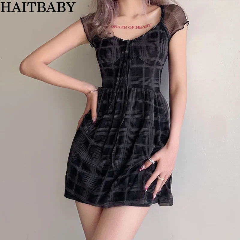 

HAITBABY Short Sleeve Summer Women's Dress 2021 Fashion Lattice Pattern Lady Streetwear Casual Women's Dresses Vintage LYQ055