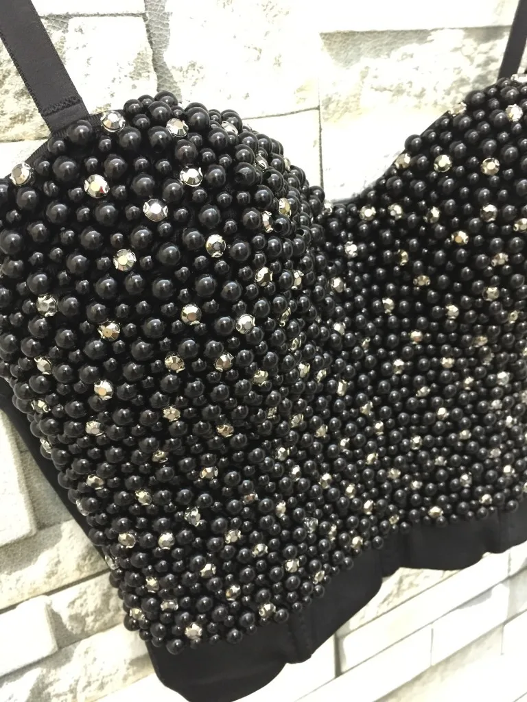 

High quality Hand-made Pearls Jewel Diamond beading Women's Bustier Bra Cropped sling Top Vest Plus Size w1170