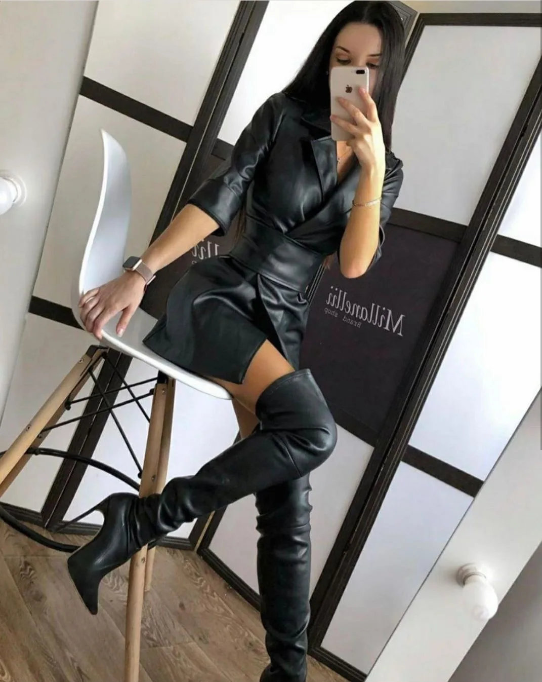 

Notched PU Bandage Women's Dress Pure Faux Leather Ladies Jacket-Dress with Belt 2020 Autumn Winter Streetwear Vestido Female