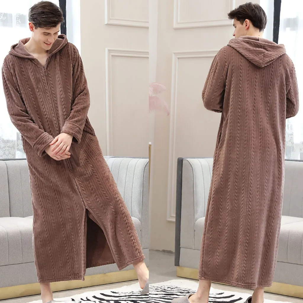 Пары для мужчин с капюшоном удлиненный халат на молнии Домашняя одежда длинными
