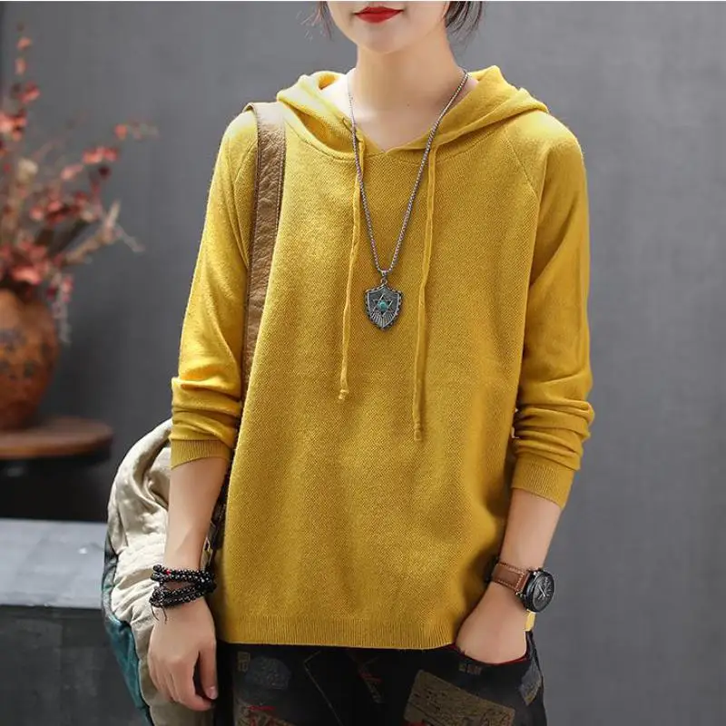 Johnature Pullovers Sweater Women Clothes 2019 New Autumn Hooded Casual Full Sleeve Knitted Solid Color All-match | Женская одежда