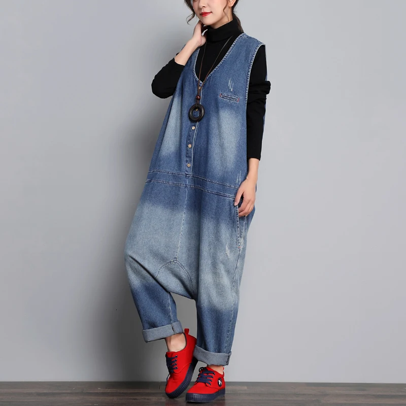 Джинсовые комбинезоны без рукавов для женщин мешковатые плюс размер v образный