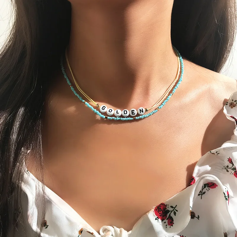 Женское Ожерелье чокер с синими бусинами богемное пляжное массивное ожерелье