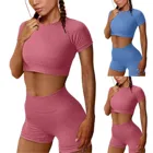 Женский комплект для йоги из 2 предметов, бесшовный короткий топ с коротким рукавом и шорты, леггинсы с высокой талией для фитнеса и спортзала, спортивный костюм для воркаута d3, 2021