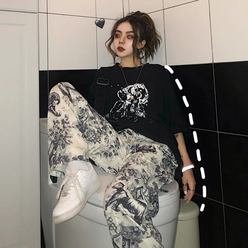 

Aolamegs Pants Men Ink Paint Vintage Sweatpants High Street Harajuku Streetwear Couple Baggy Straight Wide Leg Pants All-match