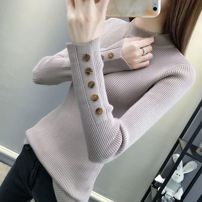 

Lucyever Button Basic Knitting Sweater Women Spring 2022 New Solid Bottoming Pullovers Woman Korean Fashion All-match Tops Mujer