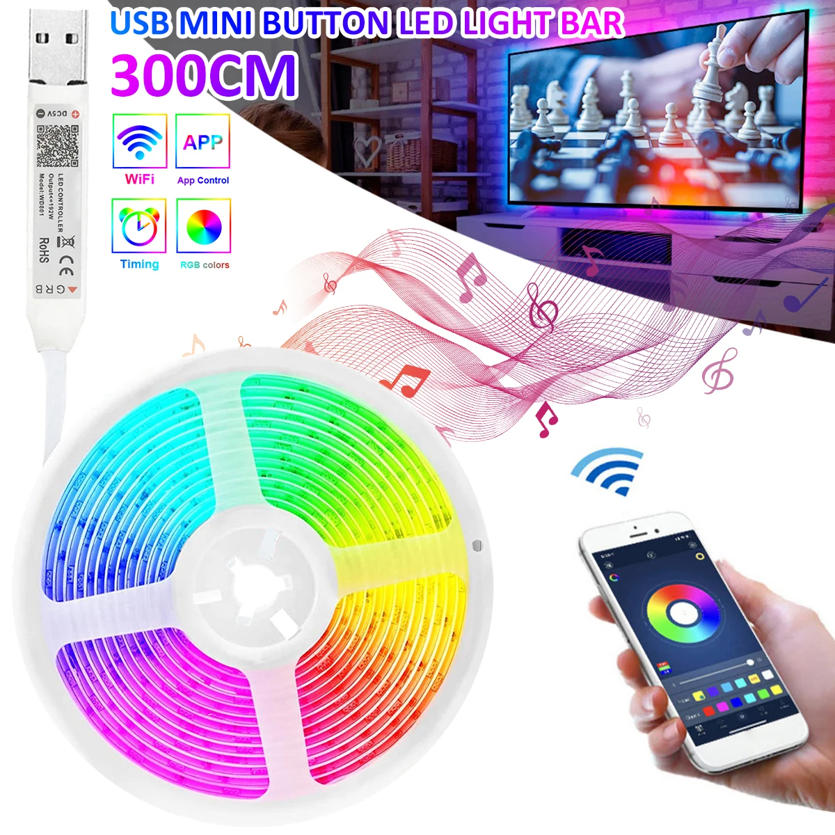 

Светодиодная ленсветильник с поддержкой Wi-Fi, Bluetooth, RGB, 3 м
