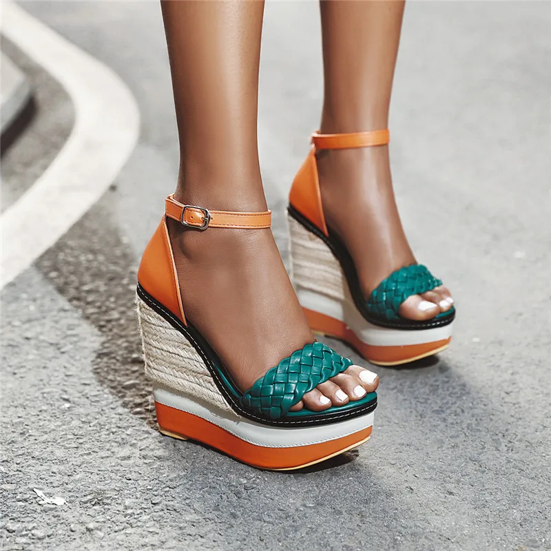 

MoonMeek 2020 new fashion women sandals sexy wedges platform round toe ladies shoes pu leather buckle high heels shoes woman