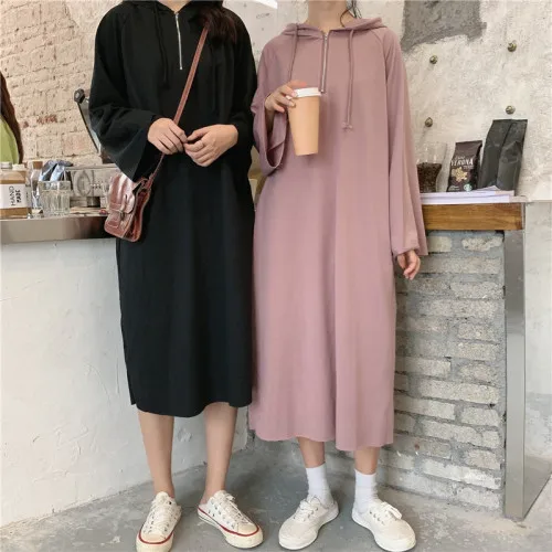 

New 2020 Loose Solid Color Hooded Long-sleeved In The Long Paragraph Over The Knees Lazy Wind Dress
