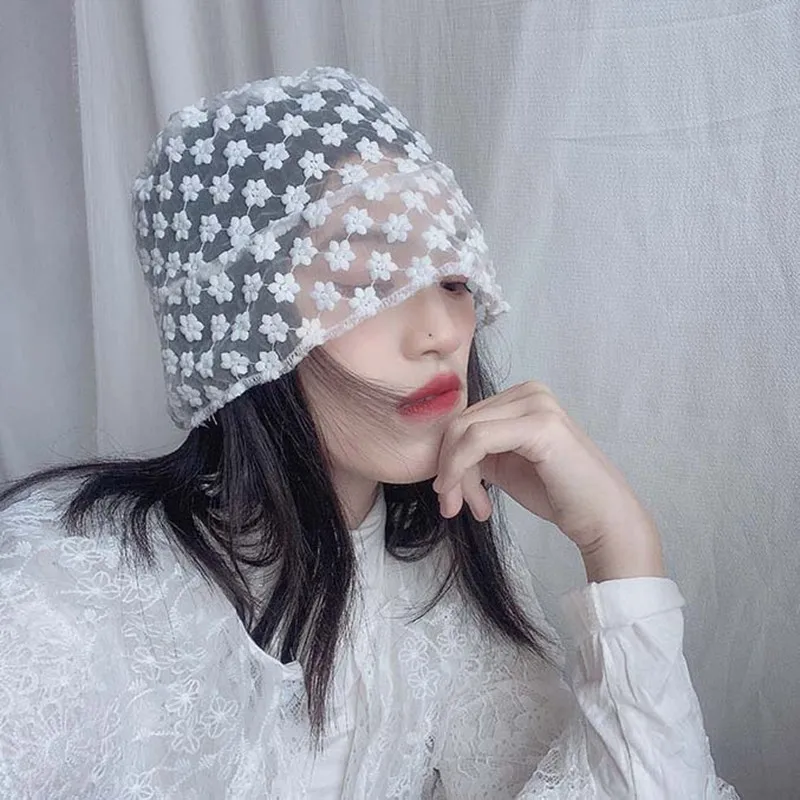 Johnature 2021 New Mystery Lace Embroidery Fluoroscopy Bucket Hat Korean Fashion All Match Solid Color Mech Women Hats