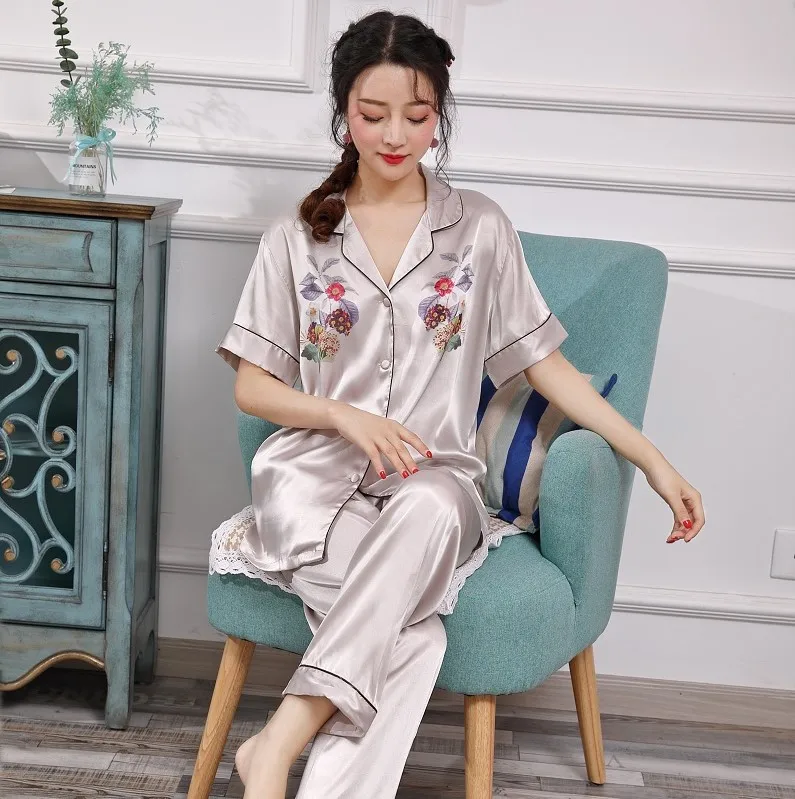 Spring Autumn Women's Pajamas Set Summer Printed Nightwear Full Length V-Neck Short Sleeve Two Piece Silk Home Wear Sleep Wear