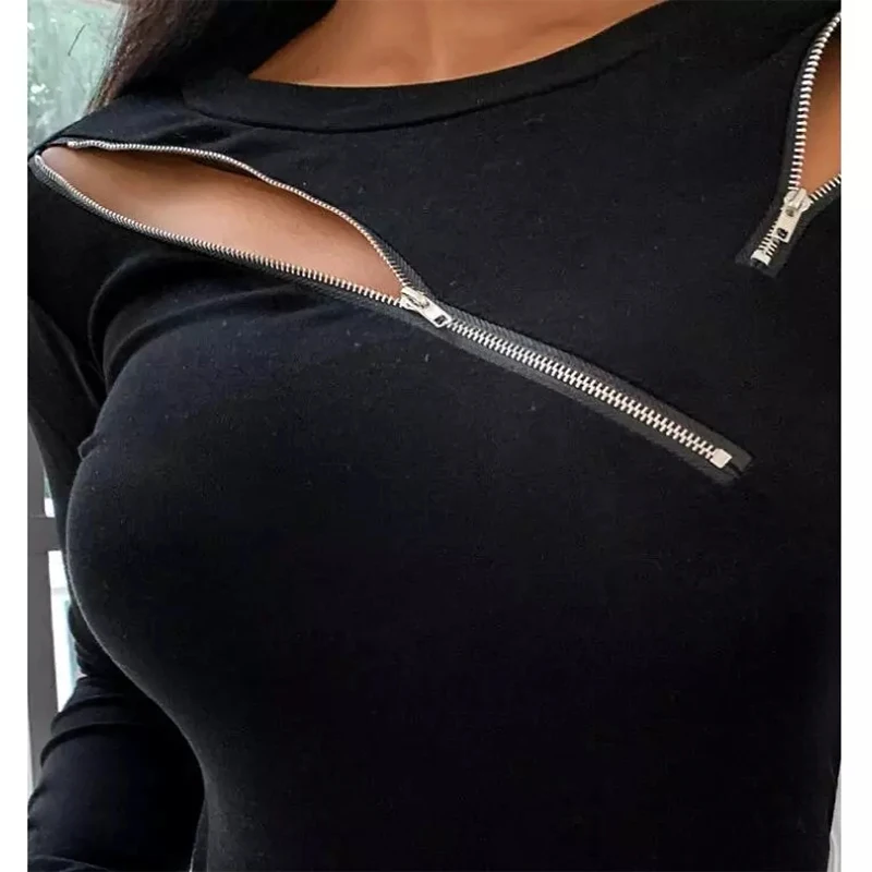 

New T-shirt women's solid zipper off shoulder women's elegant casual slim top Pullover autumn crew neck