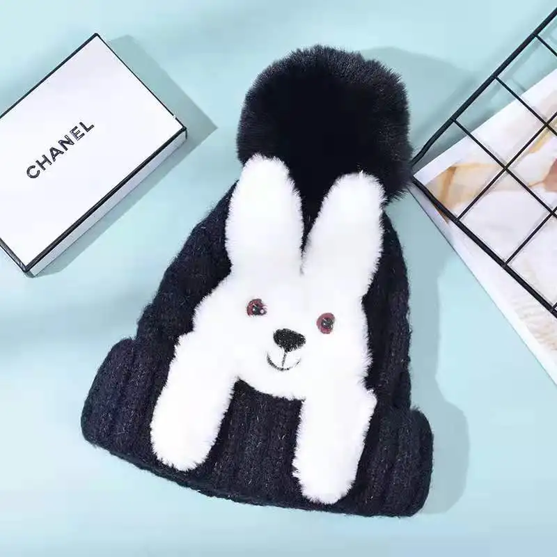 

Bunny Hat Beanie Bonnets For Women Designer Bonnets 2021 Winter Street Fashion Wool Warmth And Thick All-Match Knitted Hat