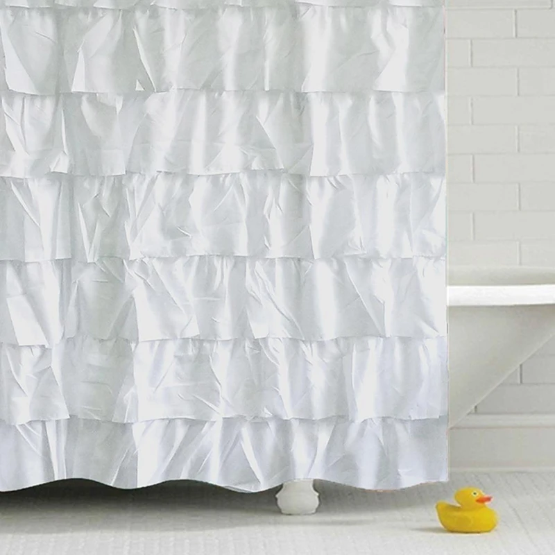 Plain Colour Waterproof Corrugated Edge Shower Curtain Ruffled Bathroom Decoration | Дом и сад