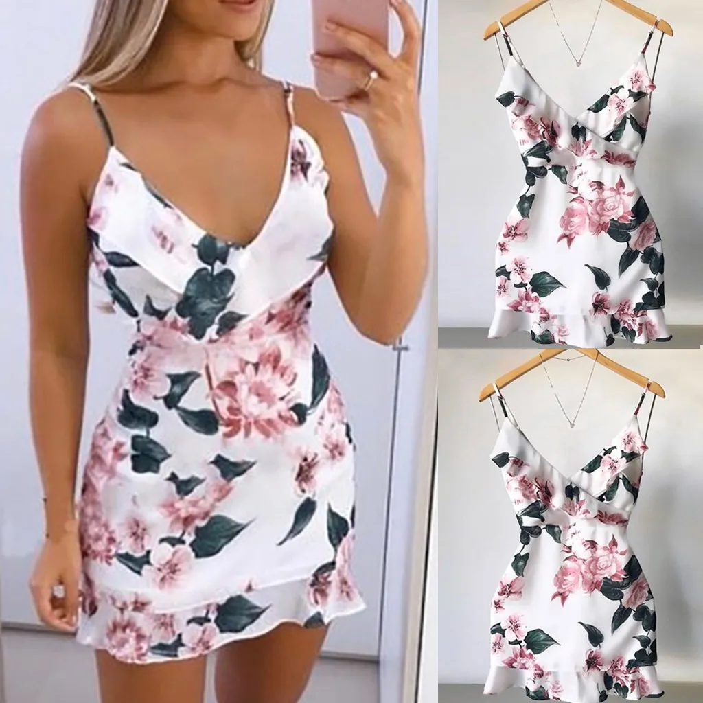 Женские сексуальные V hals Zomer Jurk Bloemen Gedrukt Strappy Mini Dames Ruche пляжные вечерние Jurken