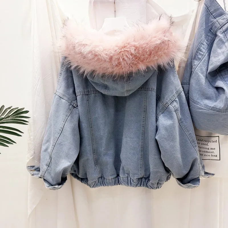 Furry Hooded Denim Woman Jacket 2020 Autumn Winter Designer Luxury Clothing Harajuku Kpop Korean Style Streetwear | Женская одежда
