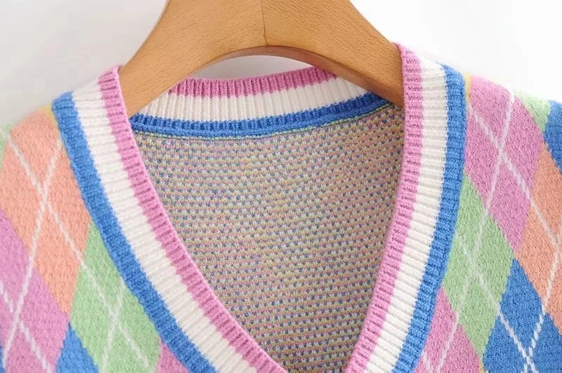 

Autumn Top 2020 College-Style Rainbow Plaid Sleeveless Knitted Vest Sweater for womens Diamond Plaid Vest Sleeveless Pullovers