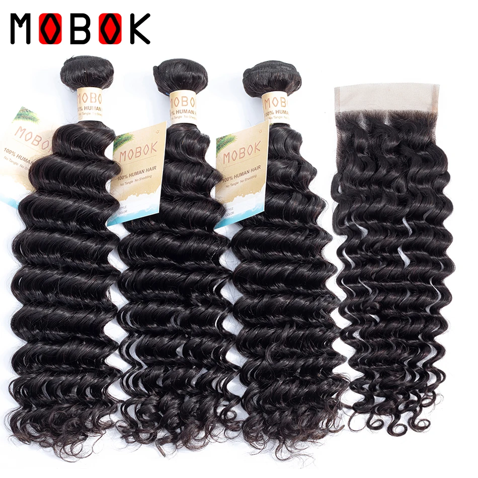Мобок 8-28 дюймов глубокая волна пряди с закрытием монгольские Remy человеческие волосы 3 пряди волна и 4x4 5x5 6x6 закрытие шнурка