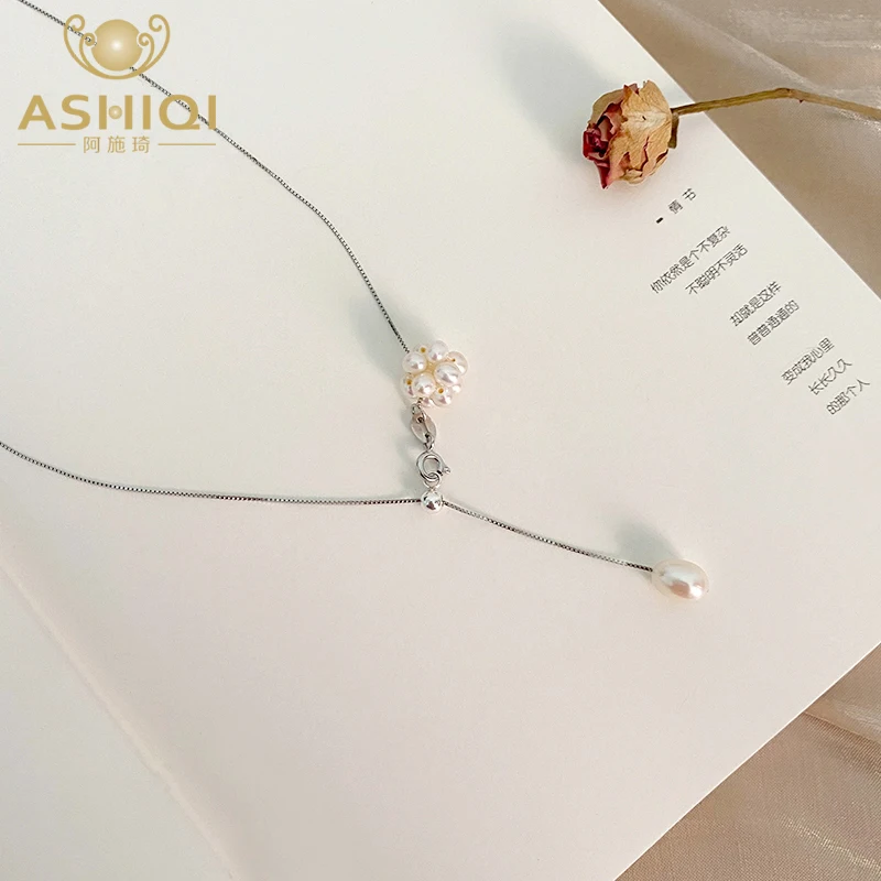 

ASHIQI Real Natural Freshwater Pearl 925 Sterling Silver Chain Necklace Pendant Wedding Jewelry for Women