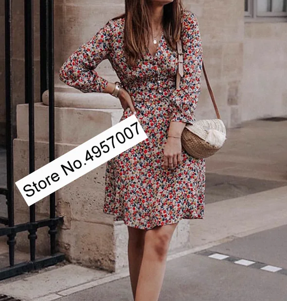 Женское Короткое платье Elfbop из 100% вискозы с V образным вырезом пуговицами и