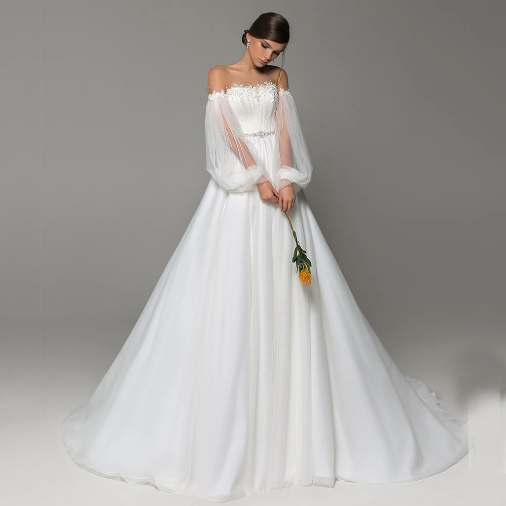 

Белое свадебное платье без бретелек с открытыми плечами, ТРАПЕЦИЕВИДНОЕ свадебное платье до пола с блестками и длинным рукавом, свадебные п...