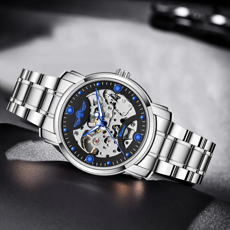 Лидирующий бренд WINNER синие стрелки из нержавеющей стали Скелет открытая работа