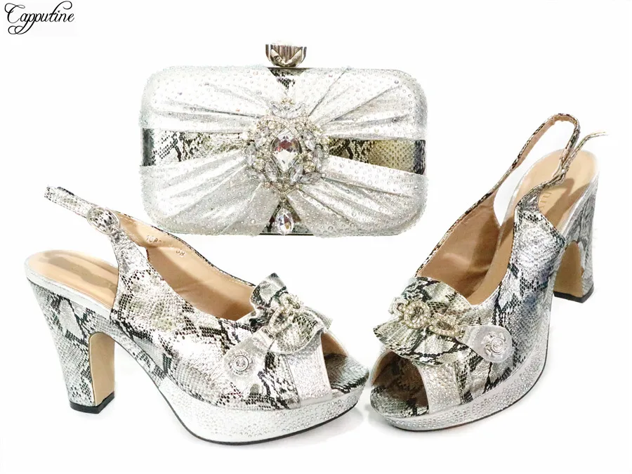 

Latest Silver Pumps With Bag African High Heel Sandal Shoes And Purse For Party GG121 Heel Height 10CM