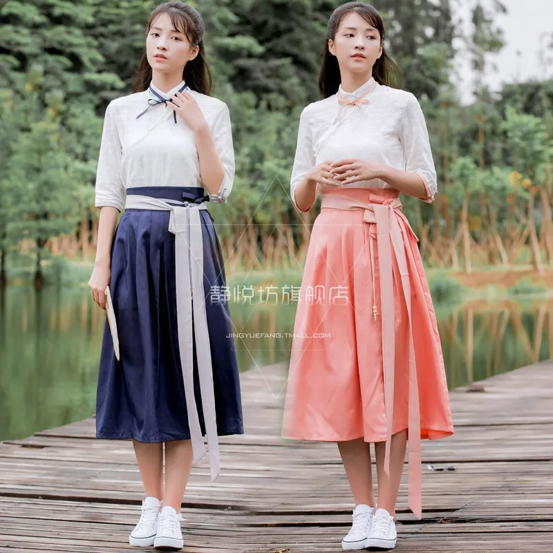 

Комплект в китайском стиле han element sweet lolita, винтажный Топ в стиле Лолиты с вышивкой и юбка с высокой талией, кавайный комплект в готическом сти...
