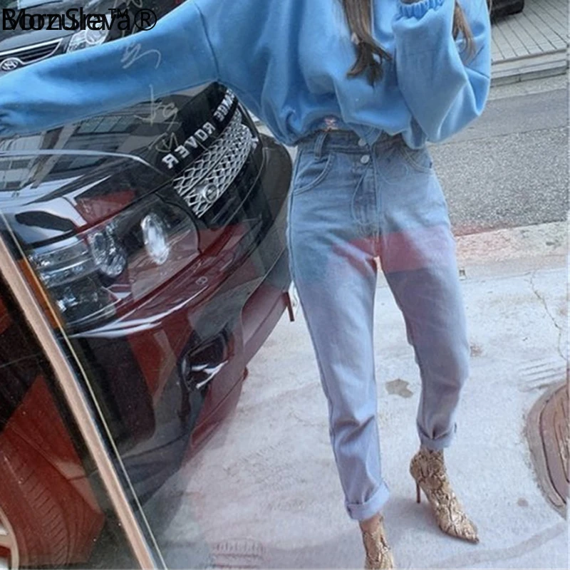 

BornSra 2020 Spring Summer Harem Jeans Trousers Vintage Double Button Women Jeans High Waist Denim Pants Female Streetwear
