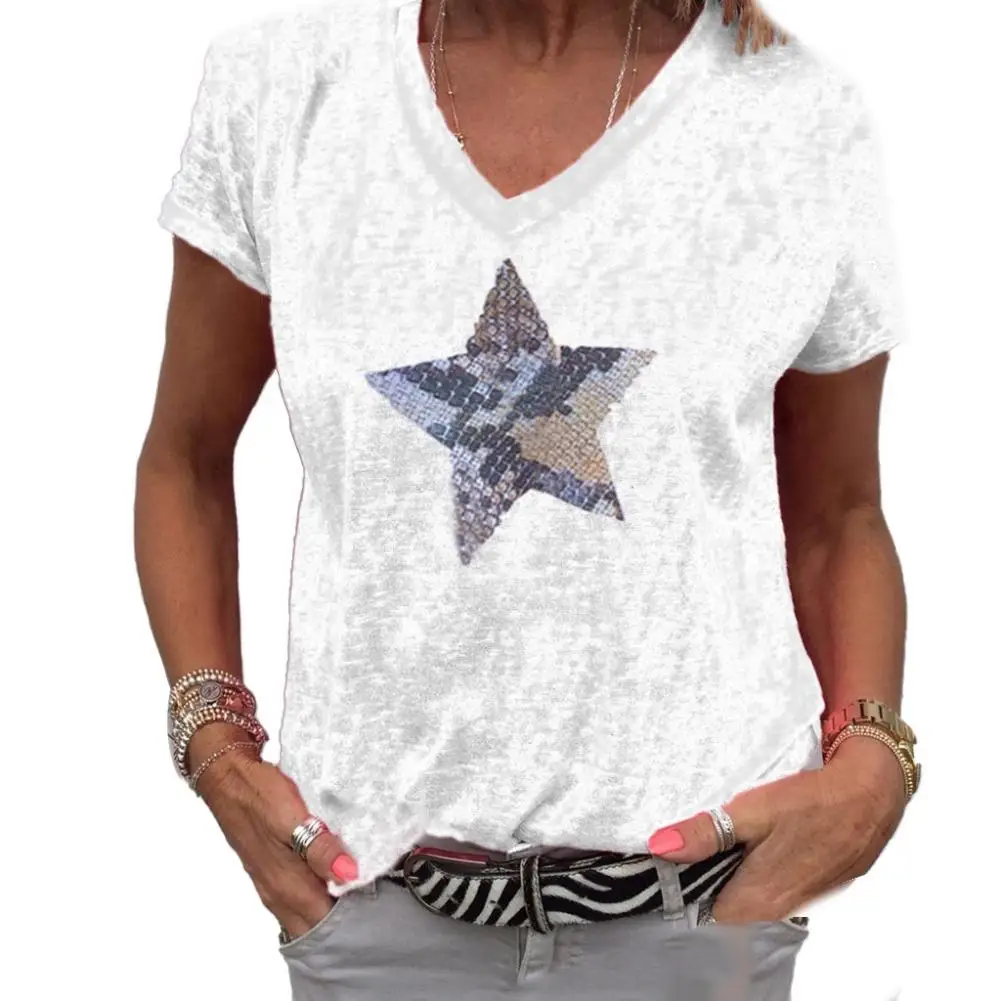 

Женская футболка с коротким рукавом, V-образным вырезом и блестками