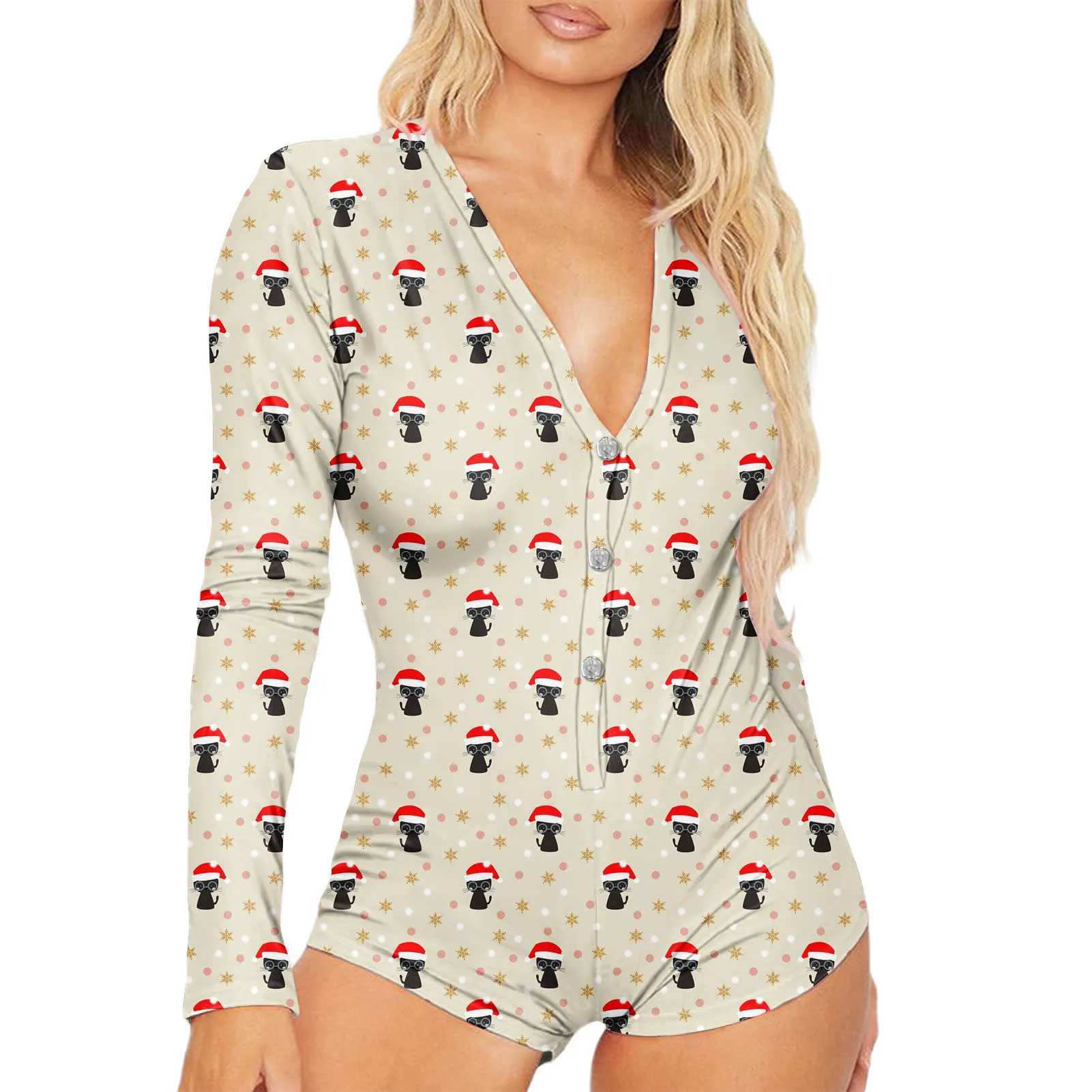

HYCOOL Dropshipping Red Xmas Long Sleeve Romper Custom Logo Print Sexy V Neck Women Onesie Fashion Fall Rompers Womens Jumpsuit