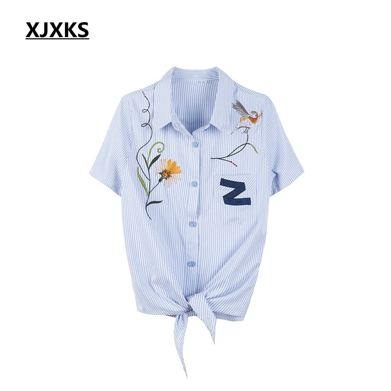 

XJXKS Women Shirts Summer Short Sleeve Turn-down Collar Stripe Cotton Women Shirt Oversized Size Womens Tops And Blouses