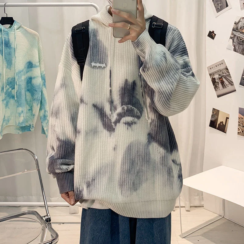

PR Tie-dye Hooded Sweater Knit Men 2021 AutumnJersey Jumper Robe Hombre Pull Homme Hiver Pullover Men O-neck Knitted