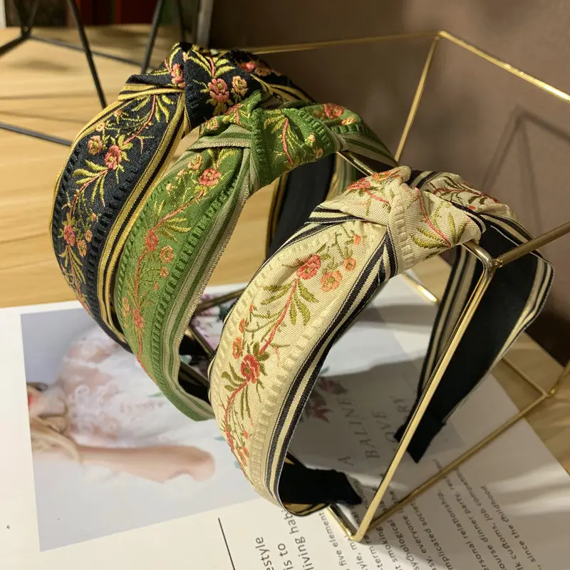 

Korean New Chic Ethnic Head Hoop Headband Women Retro Hair Accessories Knotted Wide-brimmed Embroidery Bezel Headdress Gifts