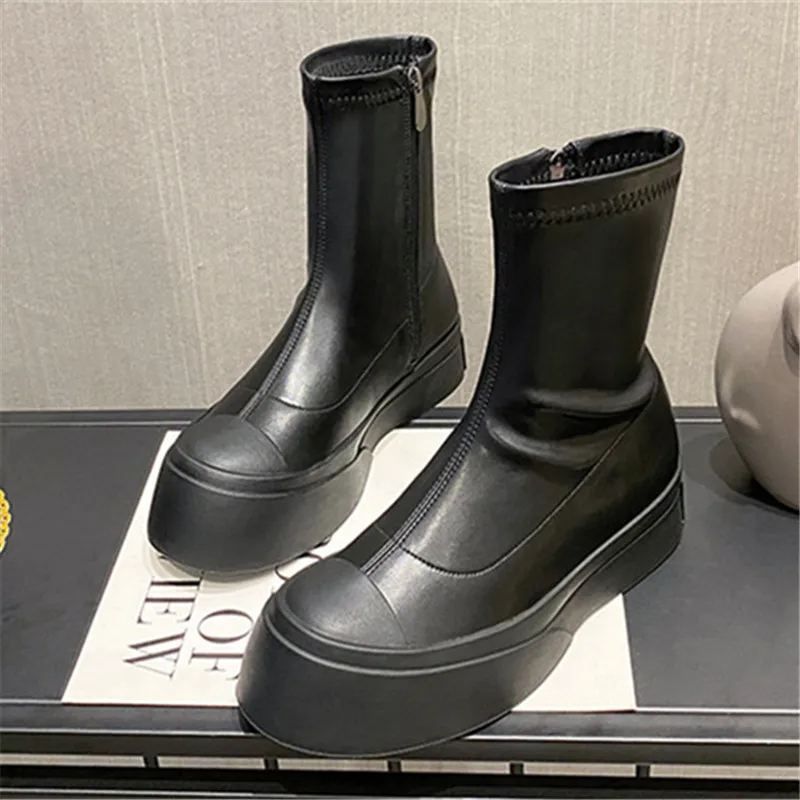 

Retro Women Ankle Boots Slim Fit Sock Boots Thick Sole Platform Shoes Woman Ladies Soft Leather Botas Mujer Autumn Boot